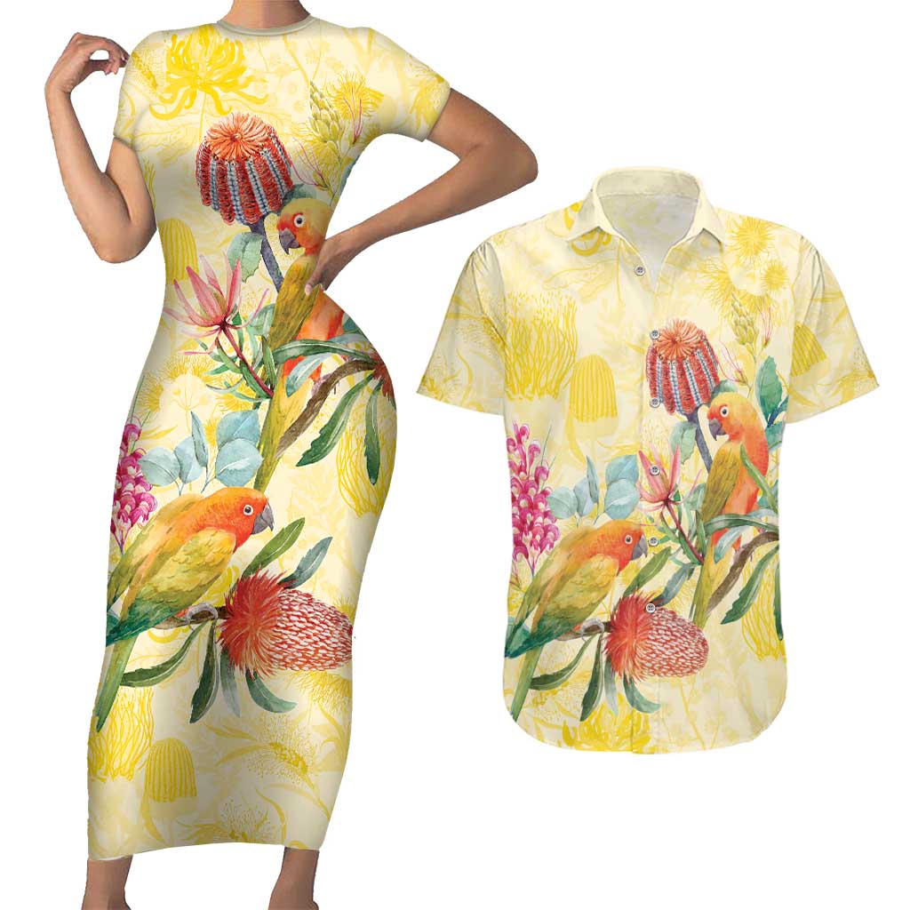 Birds and Floral Aussie Lorikeet Couples Matching Short Sleeve Bodycon Dress and Hawaiian Shirt Pastel Yellow - Aussie Hoodie