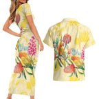 Birds and Floral Aussie Lorikeet Couples Matching Short Sleeve Bodycon Dress and Hawaiian Shirt Pastel Yellow - Aussie Hoodie