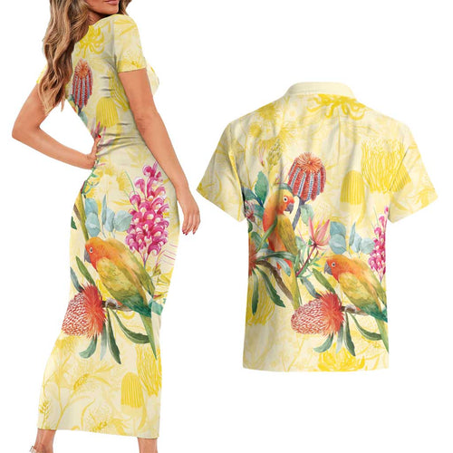 Birds and Floral Aussie Lorikeet Couples Matching Short Sleeve Bodycon Dress and Hawaiian Shirt Pastel Yellow - Aussie Hoodie