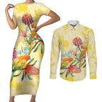 Birds and Floral Aussie Lorikeet Couples Matching Short Sleeve Bodycon Dress and Long Sleeve Button Shirt Pastel Yellow - Aussie Hoodie