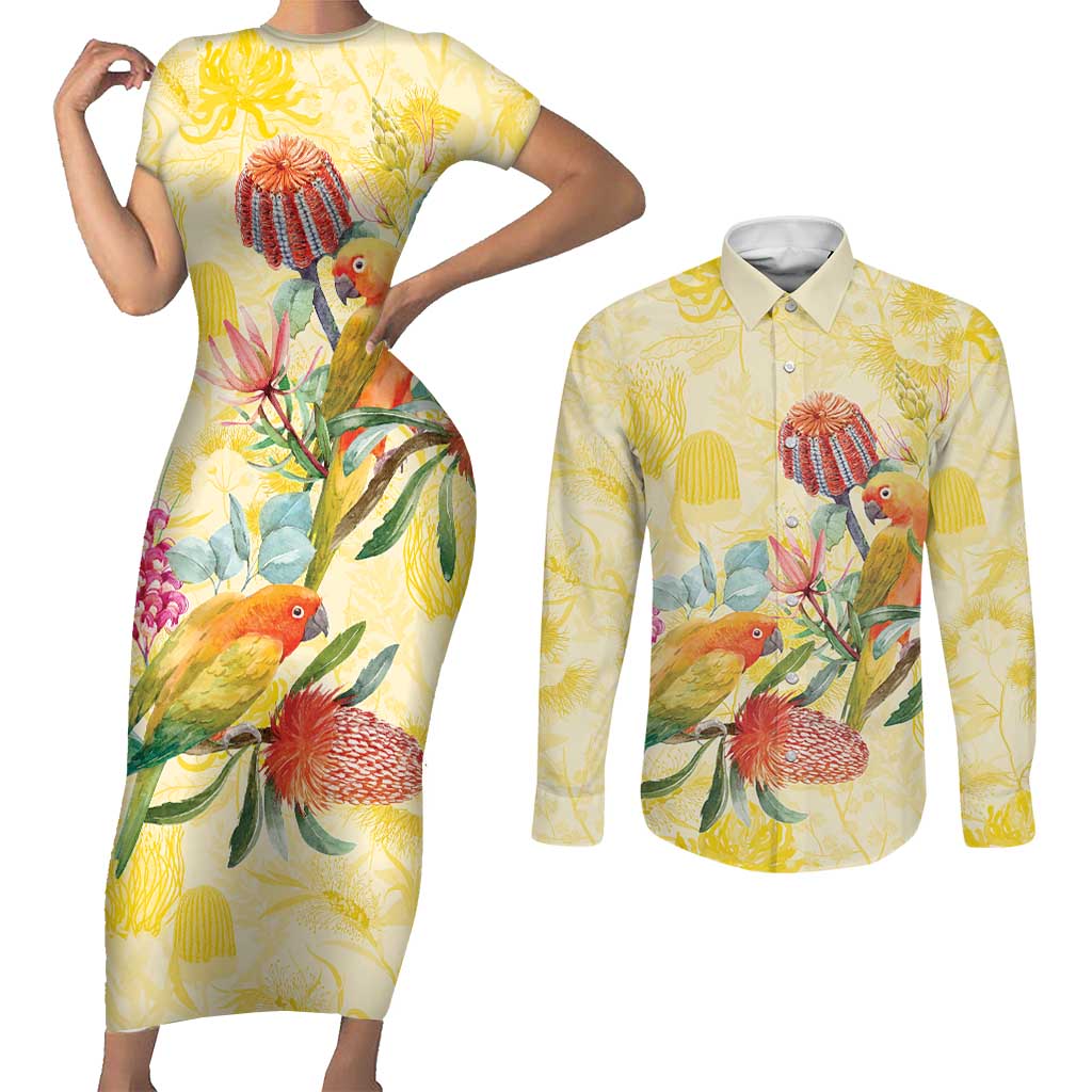 Birds and Floral Aussie Lorikeet Couples Matching Short Sleeve Bodycon Dress and Long Sleeve Button Shirt Pastel Yellow - Aussie Hoodie