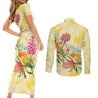 Birds and Floral Aussie Lorikeet Couples Matching Short Sleeve Bodycon Dress and Long Sleeve Button Shirt Pastel Yellow - Aussie Hoodie