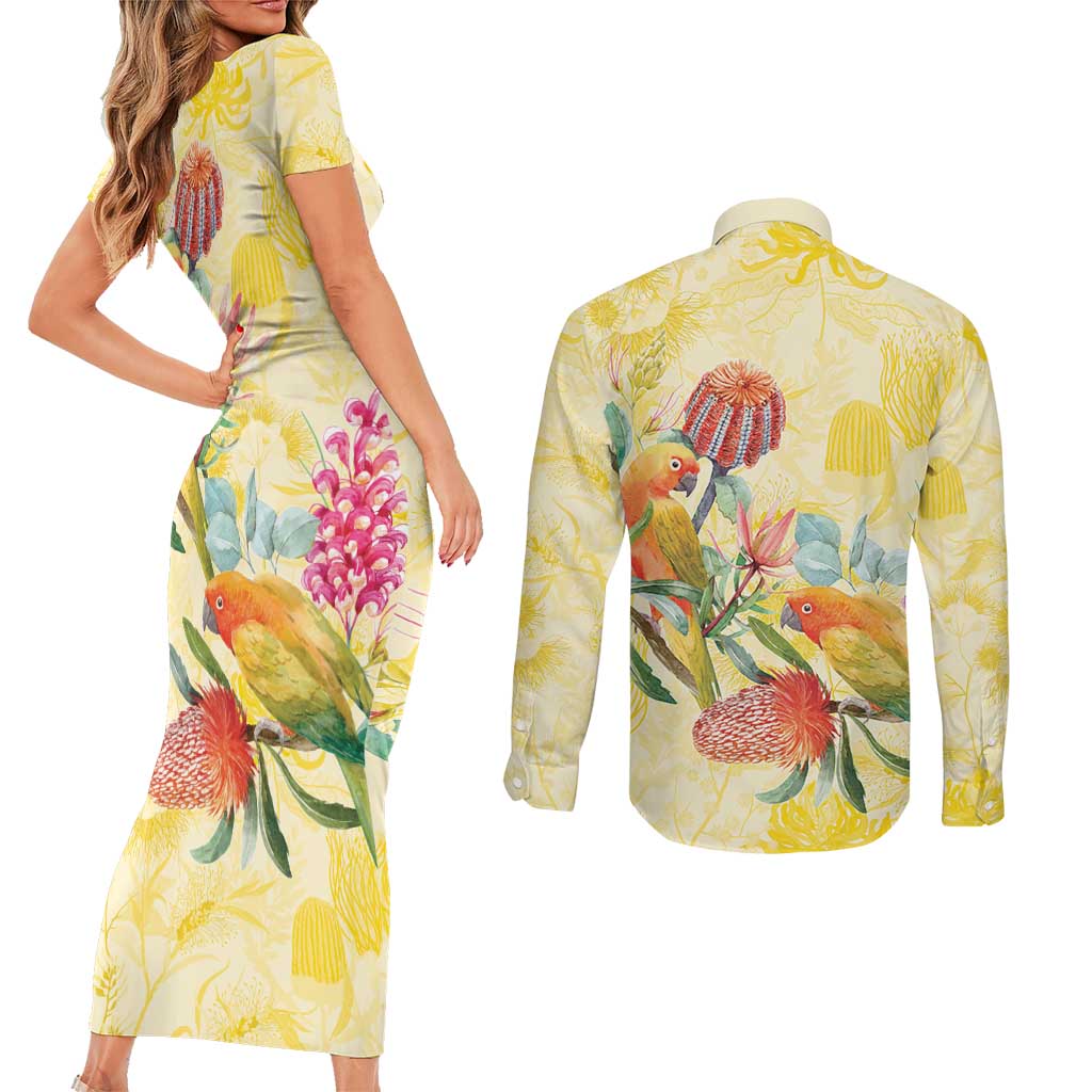 Birds and Floral Aussie Lorikeet Couples Matching Short Sleeve Bodycon Dress and Long Sleeve Button Shirt Pastel Yellow - Aussie Hoodie