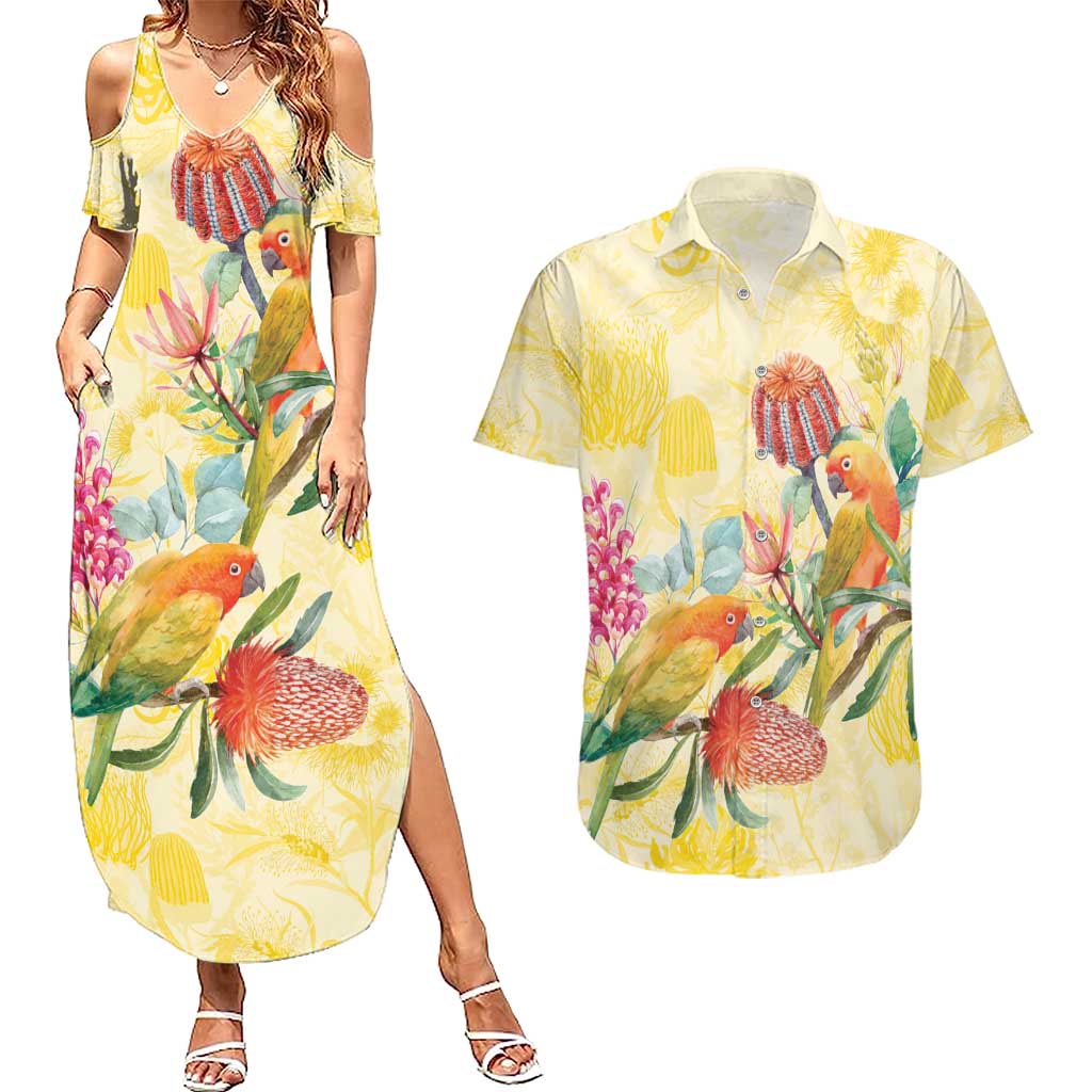 Birds and Floral Aussie Lorikeet Couples Matching Summer Maxi Dress and Hawaiian Shirt Pastel Yellow - Aussie Hoodie