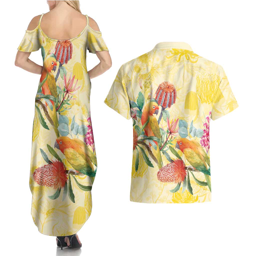 Birds and Floral Aussie Lorikeet Couples Matching Summer Maxi Dress and Hawaiian Shirt Pastel Yellow - Aussie Hoodie