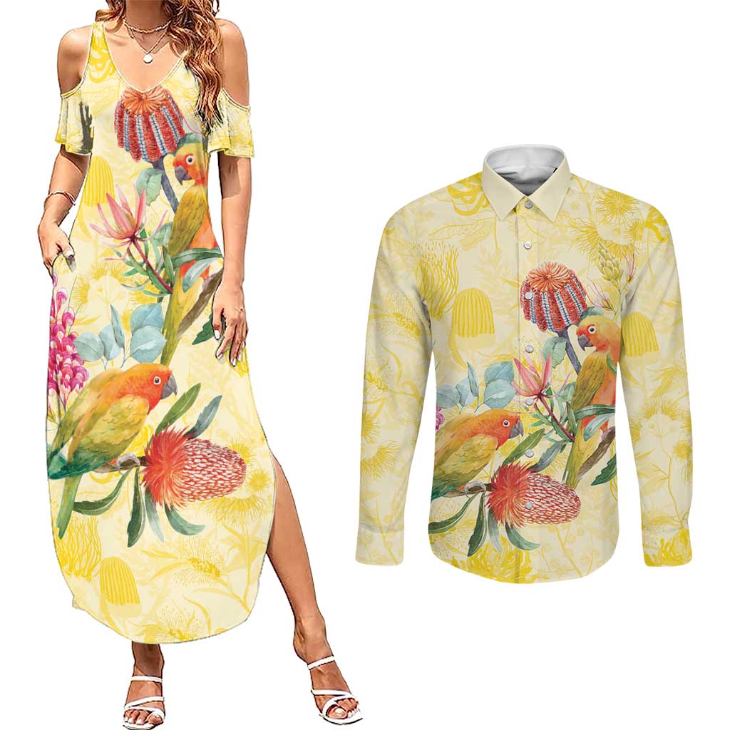 Birds and Floral Aussie Lorikeet Couples Matching Summer Maxi Dress and Long Sleeve Button Shirt Pastel Yellow - Aussie Hoodie