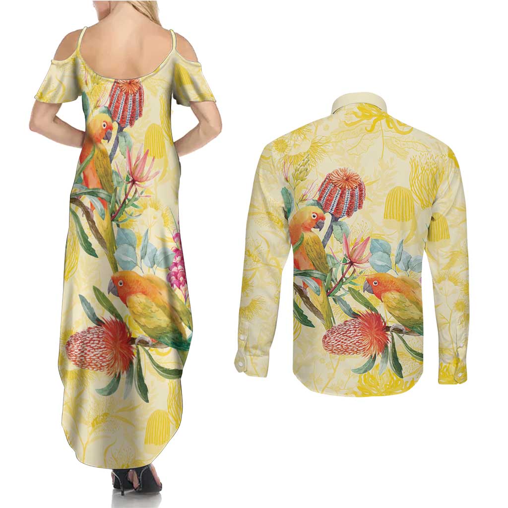 Birds and Floral Aussie Lorikeet Couples Matching Summer Maxi Dress and Long Sleeve Button Shirt Pastel Yellow - Aussie Hoodie