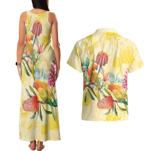 Birds and Floral Aussie Lorikeet Couples Matching Tank Maxi Dress and Hawaiian Shirt Pastel Yellow - Aussie Hoodie
