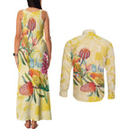 Birds and Floral Aussie Lorikeet Couples Matching Tank Maxi Dress and Long Sleeve Button Shirt Pastel Yellow - Aussie Hoodie