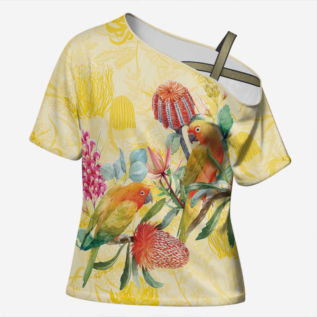 Birds and Floral Aussie Lorikeet Cross Shoulder Shirt Pastel Yellow - Aussie Hoodie