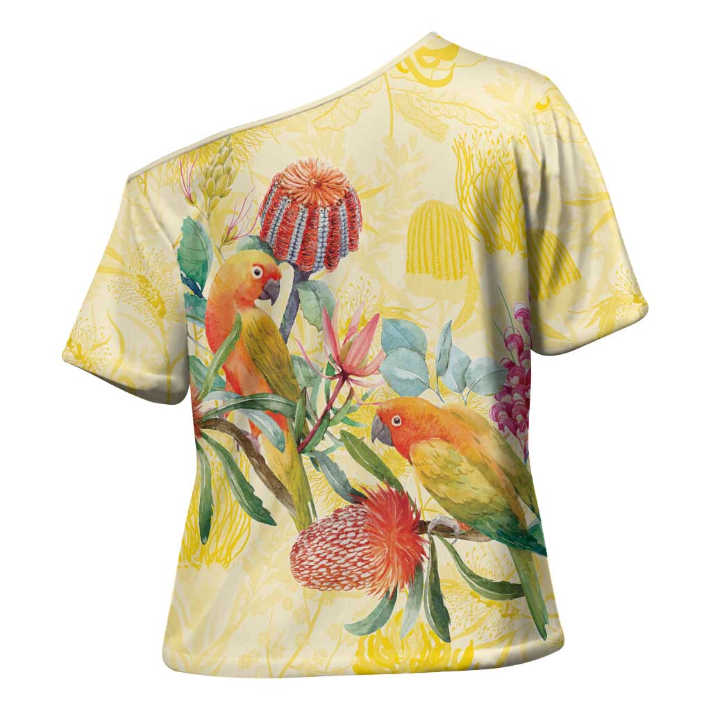 Birds and Floral Aussie Lorikeet Cross Shoulder Shirt Pastel Yellow - Aussie Hoodie