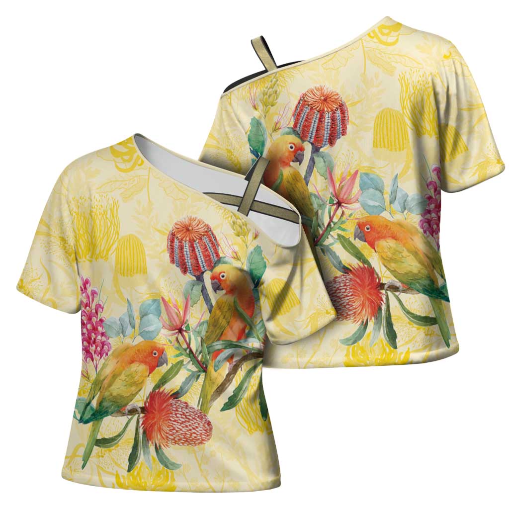 Birds and Floral Aussie Lorikeet Cross Shoulder Shirt Pastel Yellow - Aussie Hoodie