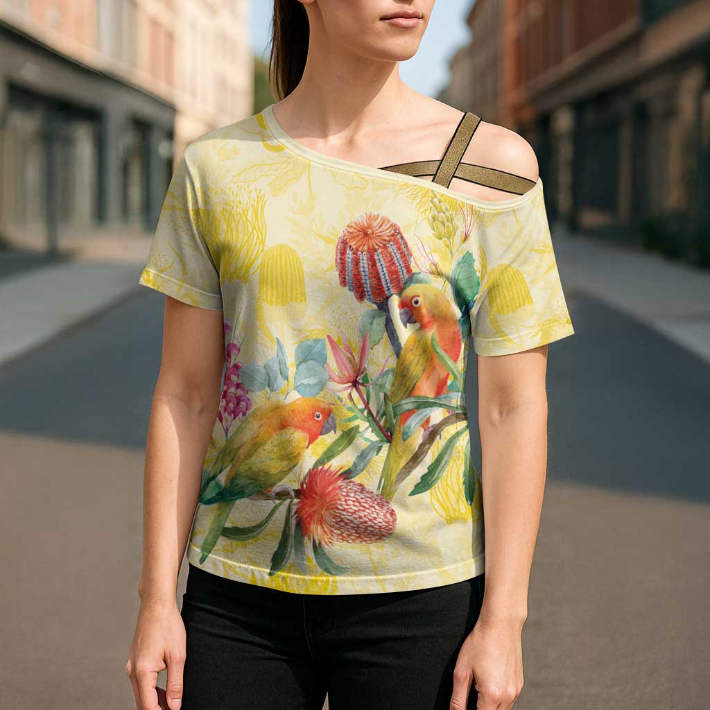 Birds and Floral Aussie Lorikeet Cross Shoulder Shirt Pastel Yellow - Aussie Hoodie
