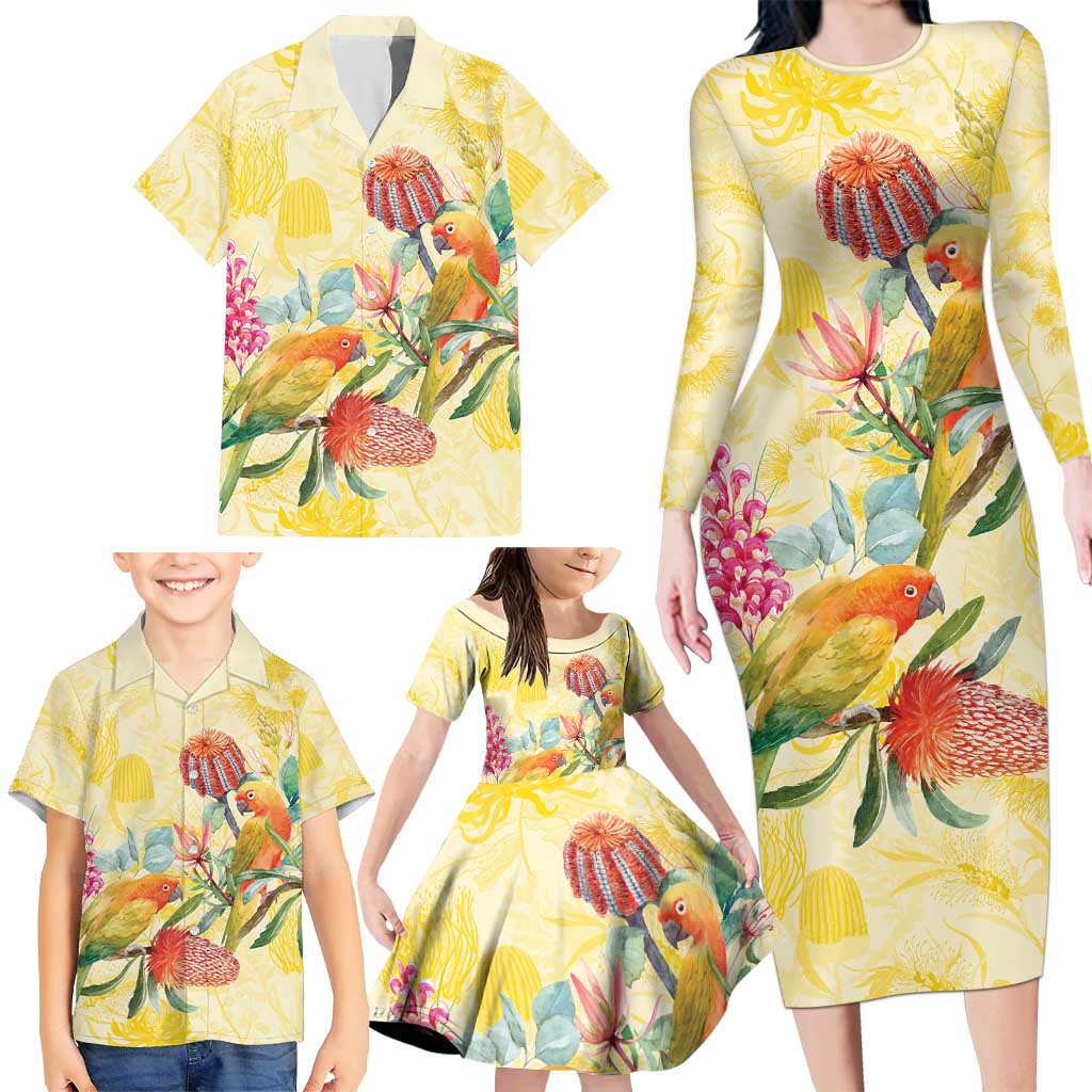 Birds and Floral Aussie Lorikeet Family Matching Long Sleeve Bodycon Dress and Hawaiian Shirt Pastel Yellow - Aussie Hoodie