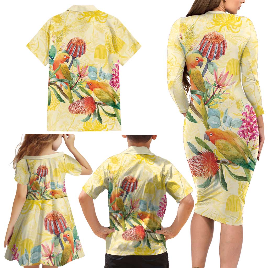 Birds and Floral Aussie Lorikeet Family Matching Long Sleeve Bodycon Dress and Hawaiian Shirt Pastel Yellow - Aussie Hoodie