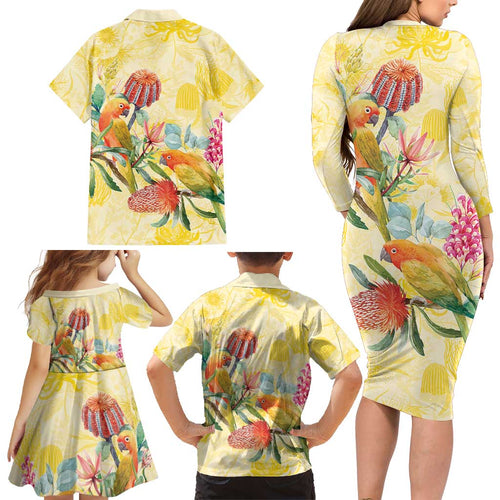 Birds and Floral Aussie Lorikeet Family Matching Long Sleeve Bodycon Dress and Hawaiian Shirt Pastel Yellow - Aussie Hoodie