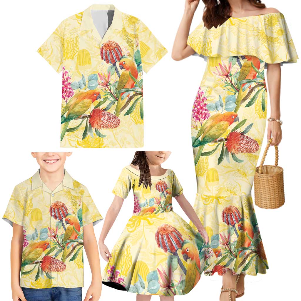 Birds and Floral Aussie Lorikeet Family Matching Mermaid Dress and Hawaiian Shirt Pastel Yellow - Aussie Hoodie