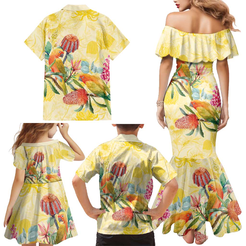 Birds and Floral Aussie Lorikeet Family Matching Mermaid Dress and Hawaiian Shirt Pastel Yellow - Aussie Hoodie