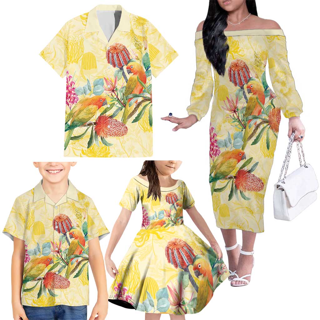 Birds and Floral Aussie Lorikeet Family Matching Off The Shoulder Long Sleeve Dress and Hawaiian Shirt Pastel Yellow - Aussie Hoodie