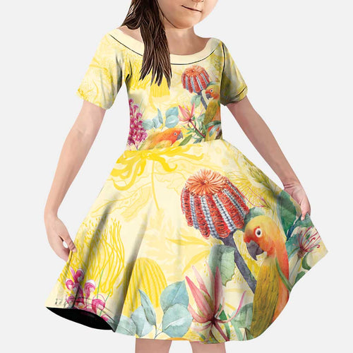 Birds and Floral Aussie Lorikeet Family Matching Off The Shoulder Long Sleeve Dress and Hawaiian Shirt Pastel Yellow - Aussie Hoodie