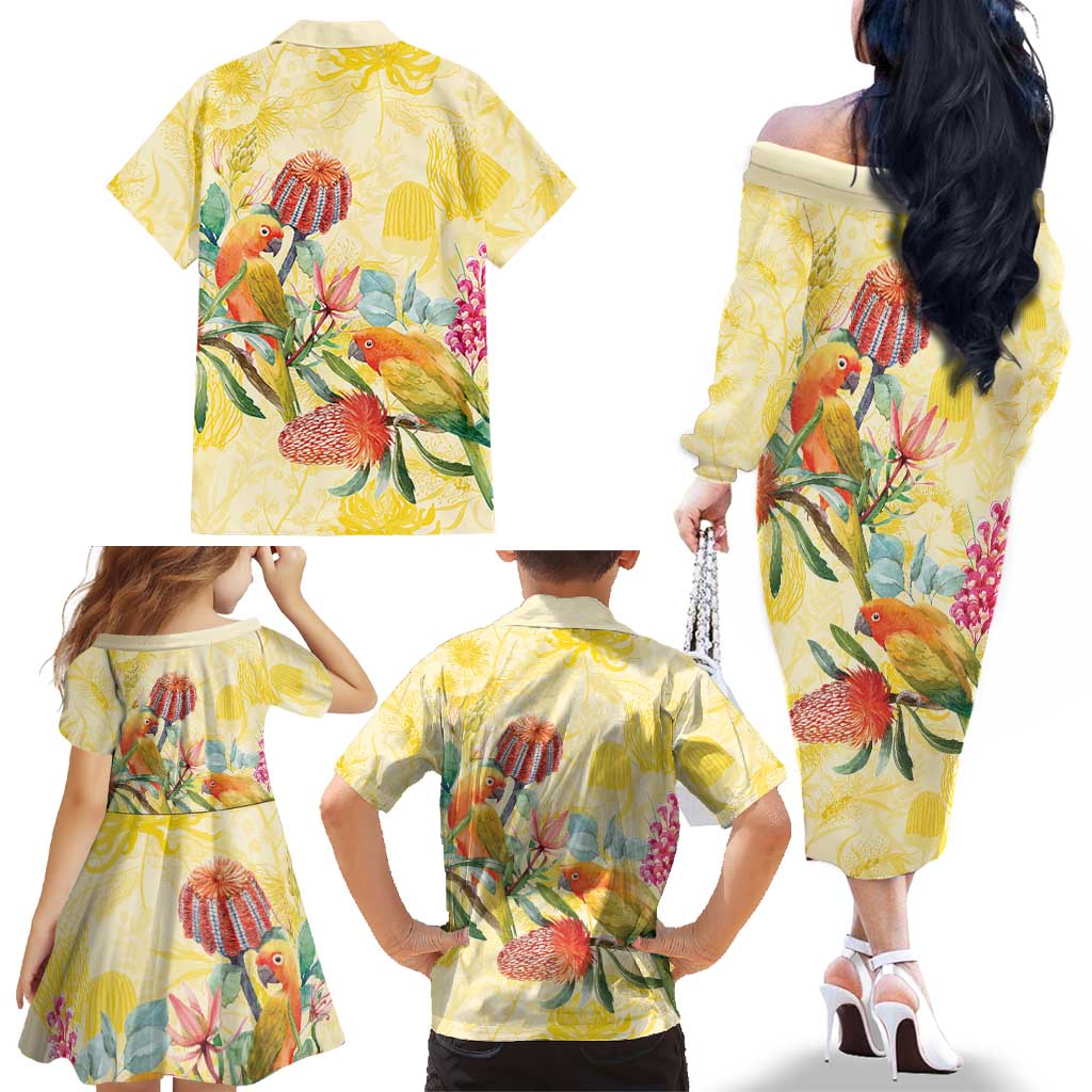 Birds and Floral Aussie Lorikeet Family Matching Off The Shoulder Long Sleeve Dress and Hawaiian Shirt Pastel Yellow - Aussie Hoodie