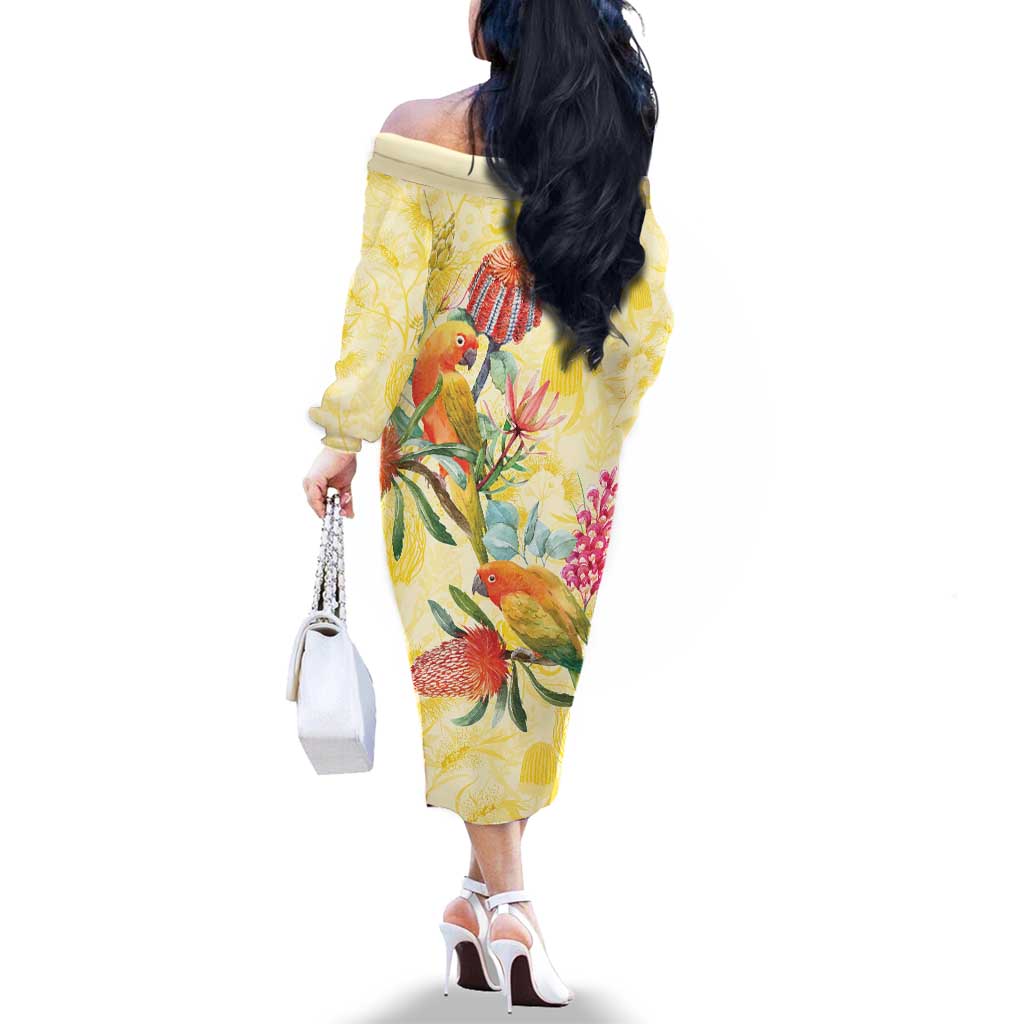 Birds and Floral Aussie Lorikeet Family Matching Off The Shoulder Long Sleeve Dress and Hawaiian Shirt Pastel Yellow - Aussie Hoodie