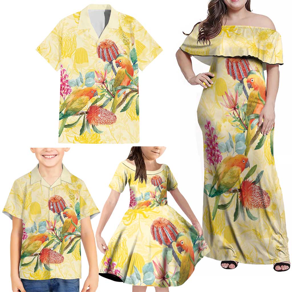 Birds and Floral Aussie Lorikeet Family Matching Off Shoulder Maxi Dress and Hawaiian Shirt Pastel Yellow - Aussie Hoodie