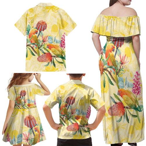 Birds and Floral Aussie Lorikeet Family Matching Off Shoulder Maxi Dress and Hawaiian Shirt Pastel Yellow - Aussie Hoodie