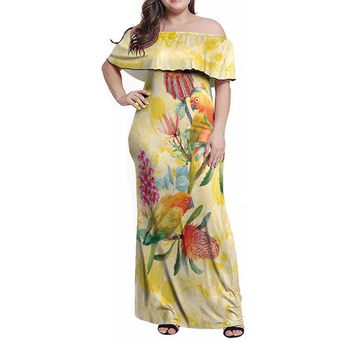 Birds and Floral Aussie Lorikeet Family Matching Off Shoulder Maxi Dress and Hawaiian Shirt Pastel Yellow - Aussie Hoodie