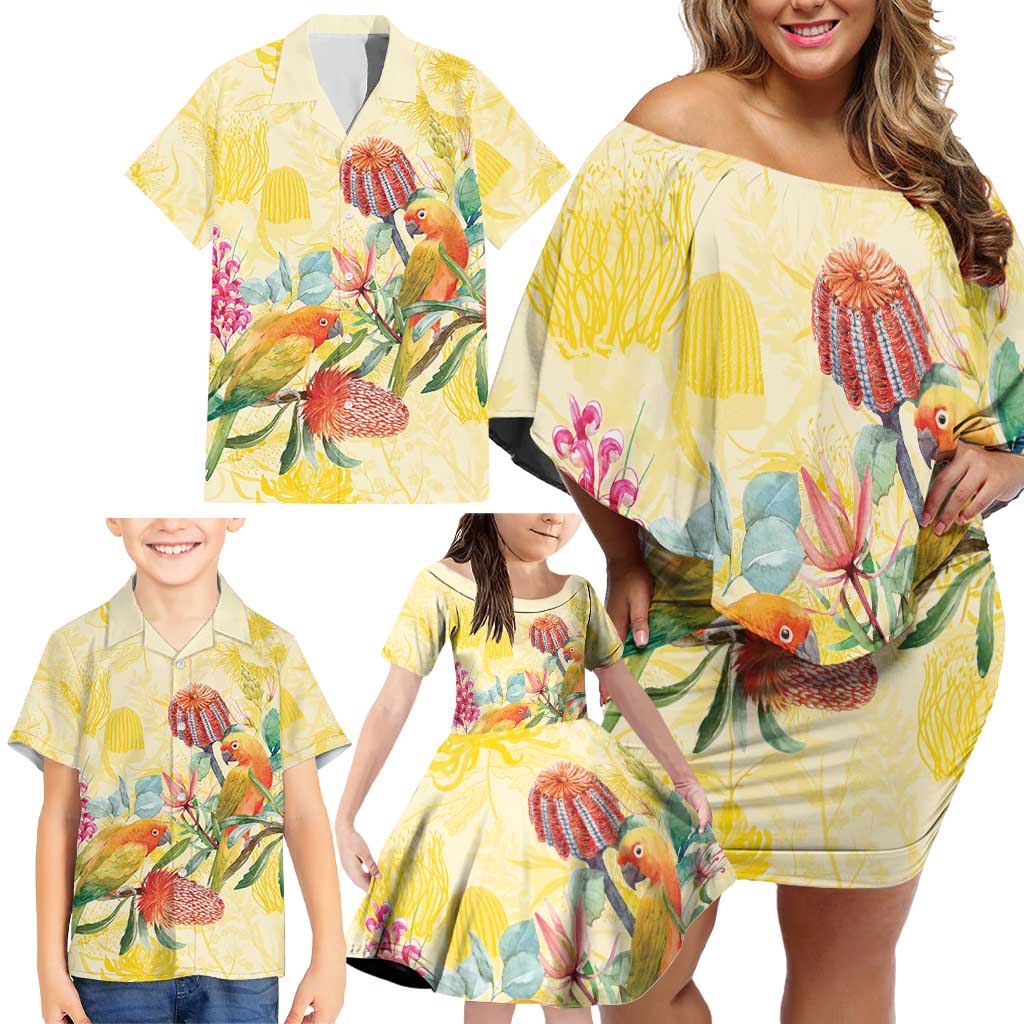 Birds and Floral Aussie Lorikeet Family Matching Off Shoulder Short Dress and Hawaiian Shirt Pastel Yellow - Aussie Hoodie