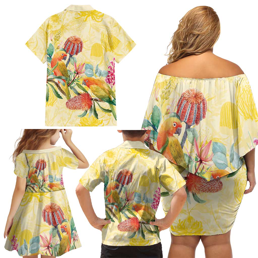 Birds and Floral Aussie Lorikeet Family Matching Off Shoulder Short Dress and Hawaiian Shirt Pastel Yellow - Aussie Hoodie