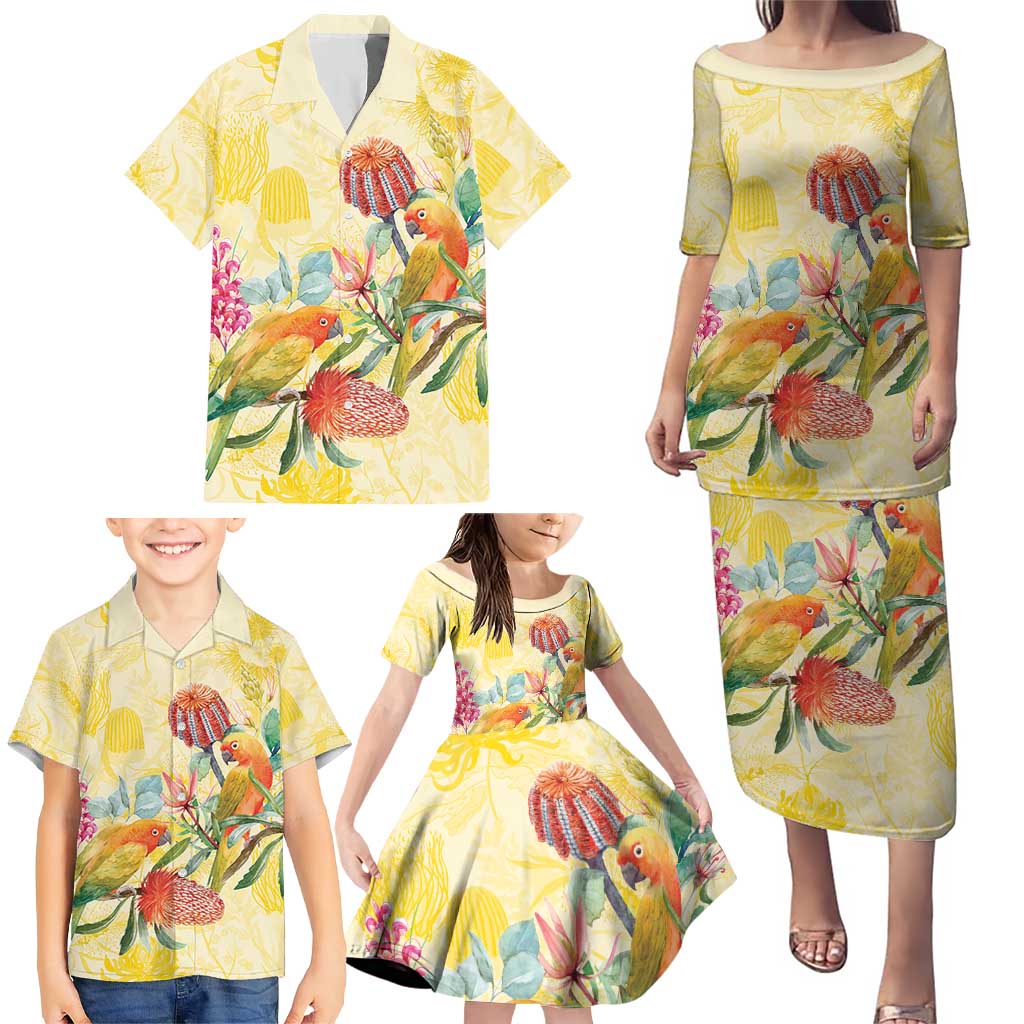 Birds and Floral Aussie Lorikeet Family Matching Puletasi and Hawaiian Shirt Pastel Yellow - Aussie Hoodie