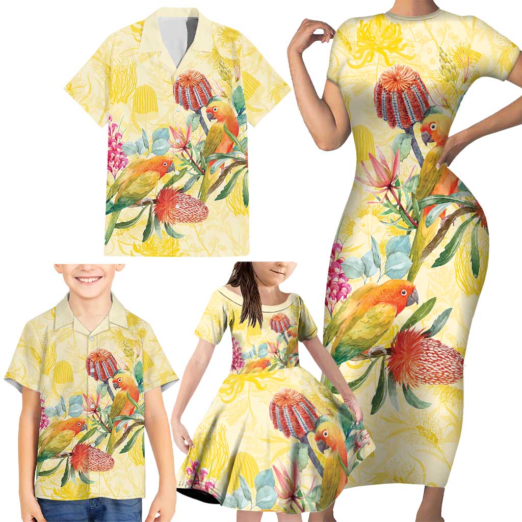 Birds and Floral Aussie Lorikeet Family Matching Short Sleeve Bodycon Dress and Hawaiian Shirt Pastel Yellow - Aussie Hoodie