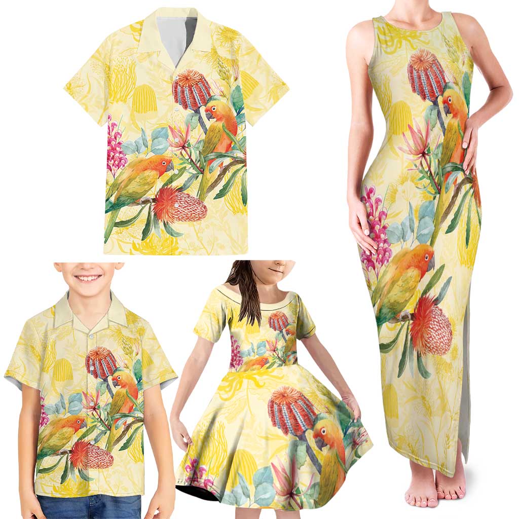 Birds and Floral Aussie Lorikeet Family Matching Tank Maxi Dress and Hawaiian Shirt Pastel Yellow - Aussie Hoodie
