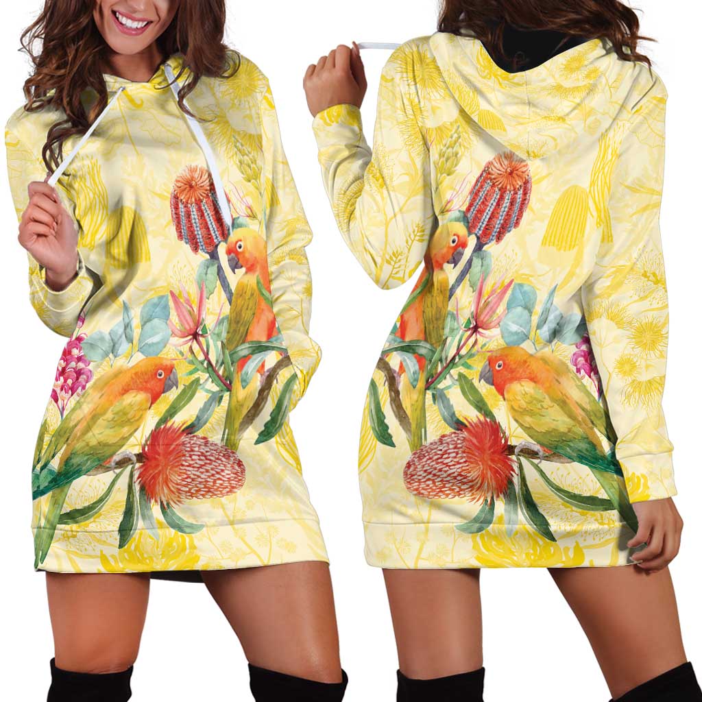 Birds and Floral Aussie Lorikeet Hoodie Dress Pastel Yellow - Aussie Hoodie