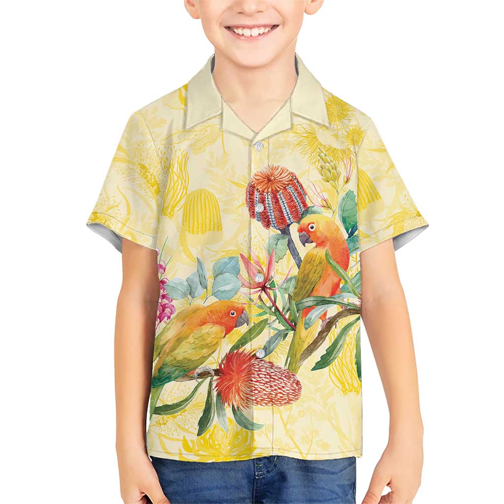 Birds and Floral Aussie Lorikeet Kid Hawaiian Shirt Pastel Yellow - Aussie Hoodie