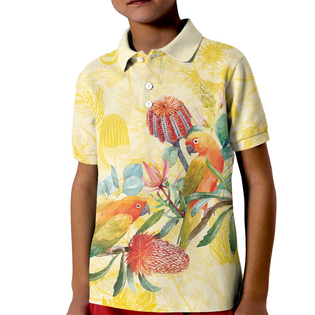 Birds and Floral Aussie Lorikeet Kid Polo Shirt Pastel Yellow - Aussie Hoodie