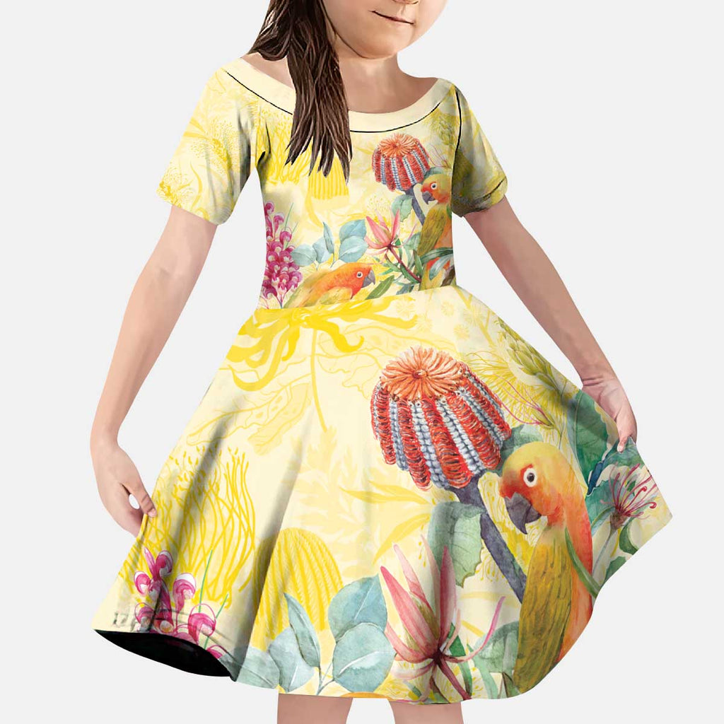 Birds and Floral Aussie Lorikeet Kid Short Sleeve Dress Pastel Yellow - Aussie Hoodie