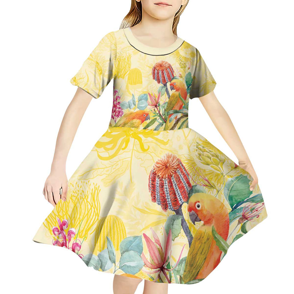 Birds and Floral Aussie Lorikeet Kid Short Sleeve Dress Pastel Yellow - Aussie Hoodie