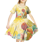 Birds and Floral Aussie Lorikeet Kid Short Sleeve Dress Pastel Yellow - Aussie Hoodie