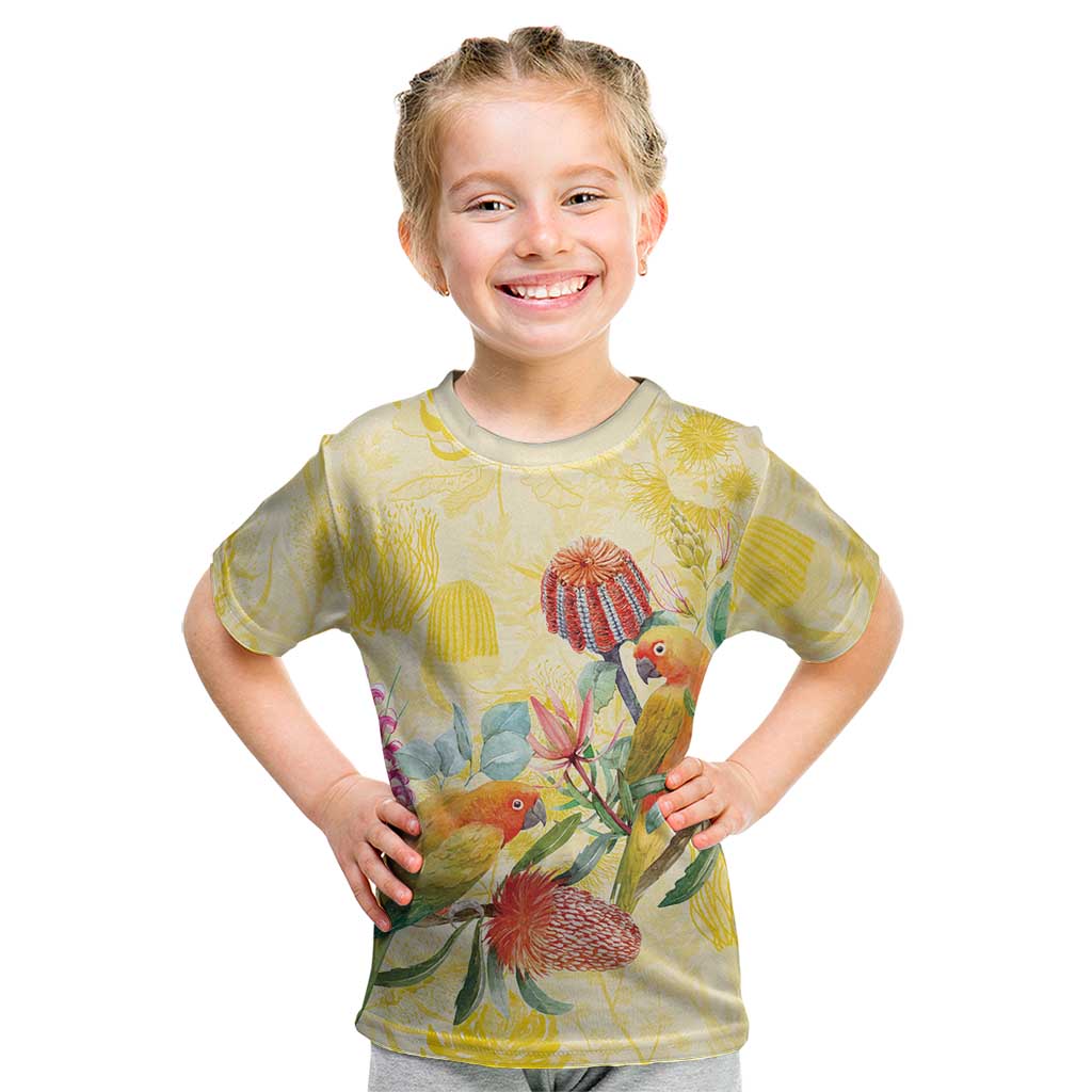 Birds and Floral Aussie Lorikeet Kid T Shirt Pastel Yellow - Aussie Hoodie