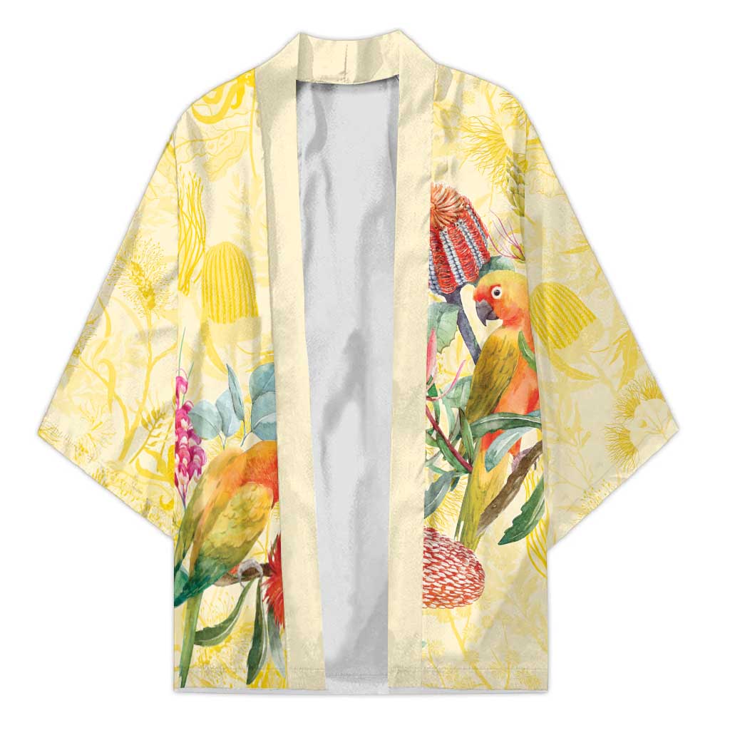 Birds and Floral Aussie Lorikeet Kimono Pastel Yellow - Aussie Hoodie