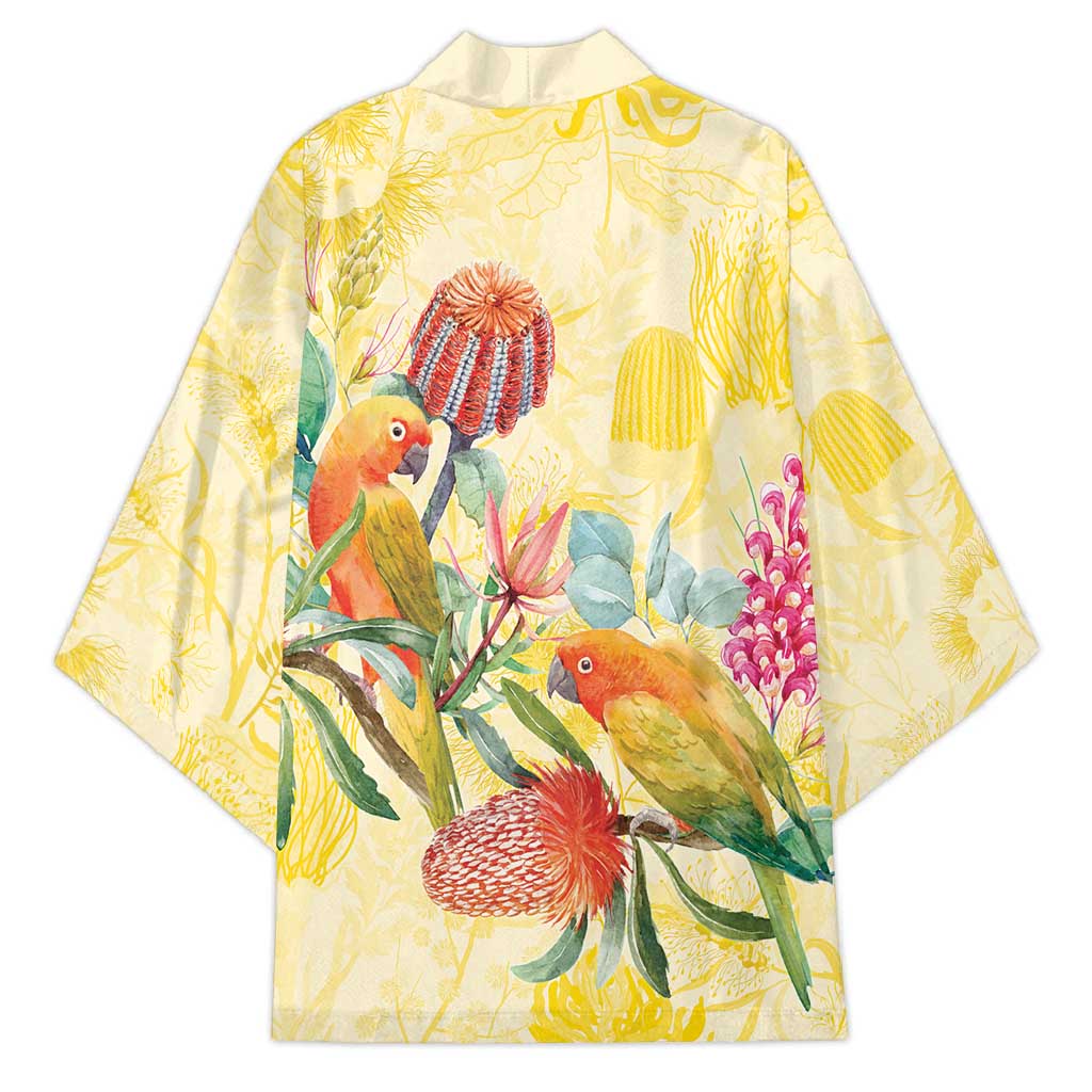 Birds and Floral Aussie Lorikeet Kimono Pastel Yellow - Aussie Hoodie