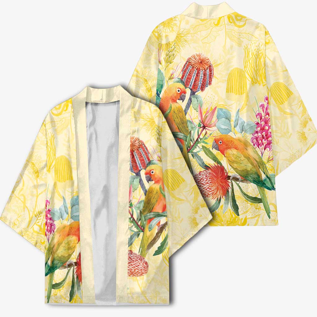 Birds and Floral Aussie Lorikeet Kimono Pastel Yellow - Aussie Hoodie