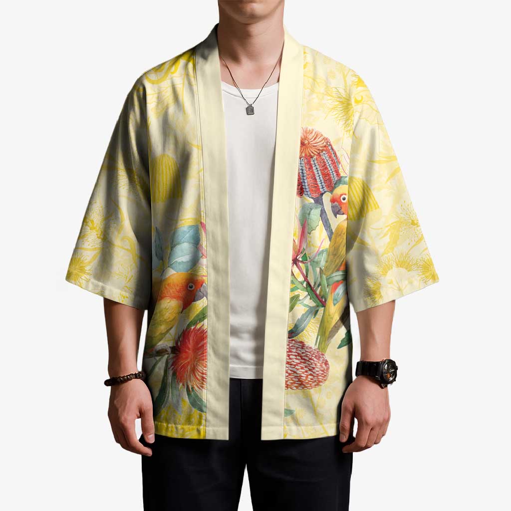 Birds and Floral Aussie Lorikeet Kimono Pastel Yellow - Aussie Hoodie