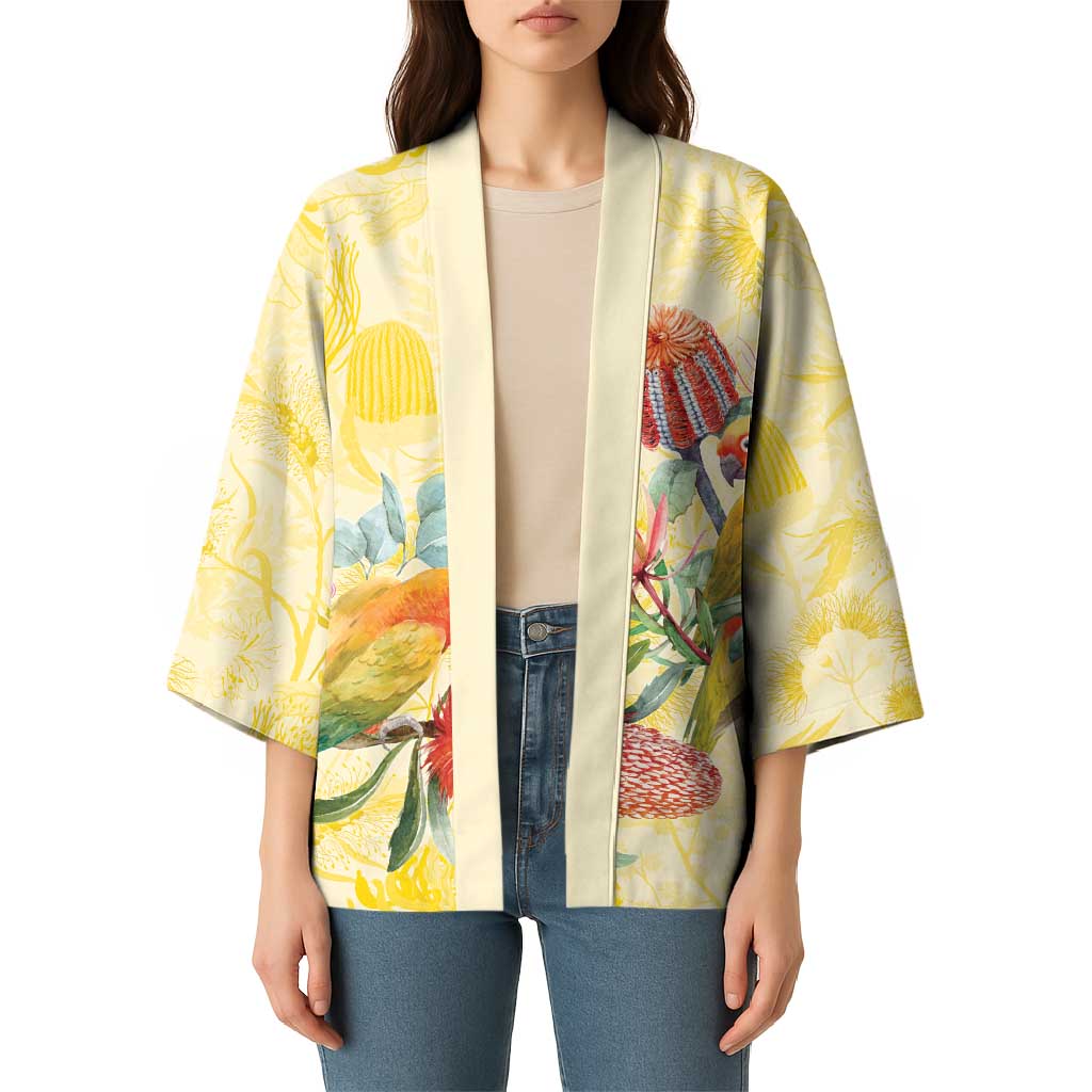 Birds and Floral Aussie Lorikeet Kimono Pastel Yellow - Aussie Hoodie