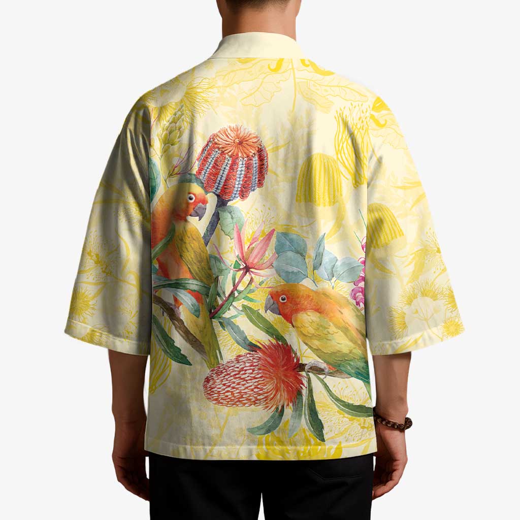 Birds and Floral Aussie Lorikeet Kimono Pastel Yellow - Aussie Hoodie