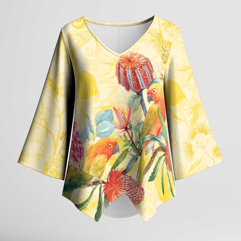 Birds and Floral Aussie Lorikeet Kimono Sleeve Blouse Pastel Yellow - Aussie Hoodie