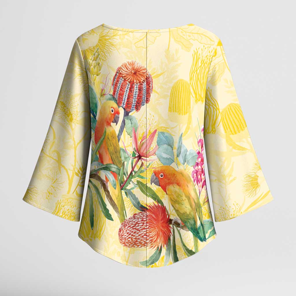 Birds and Floral Aussie Lorikeet Kimono Sleeve Blouse Pastel Yellow - Aussie Hoodie