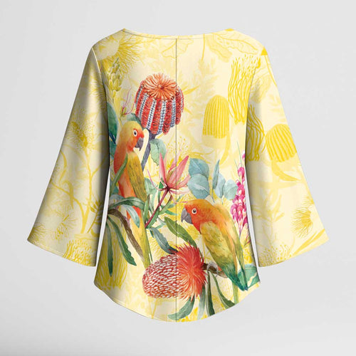 Birds and Floral Aussie Lorikeet Kimono Sleeve Blouse Pastel Yellow - Aussie Hoodie